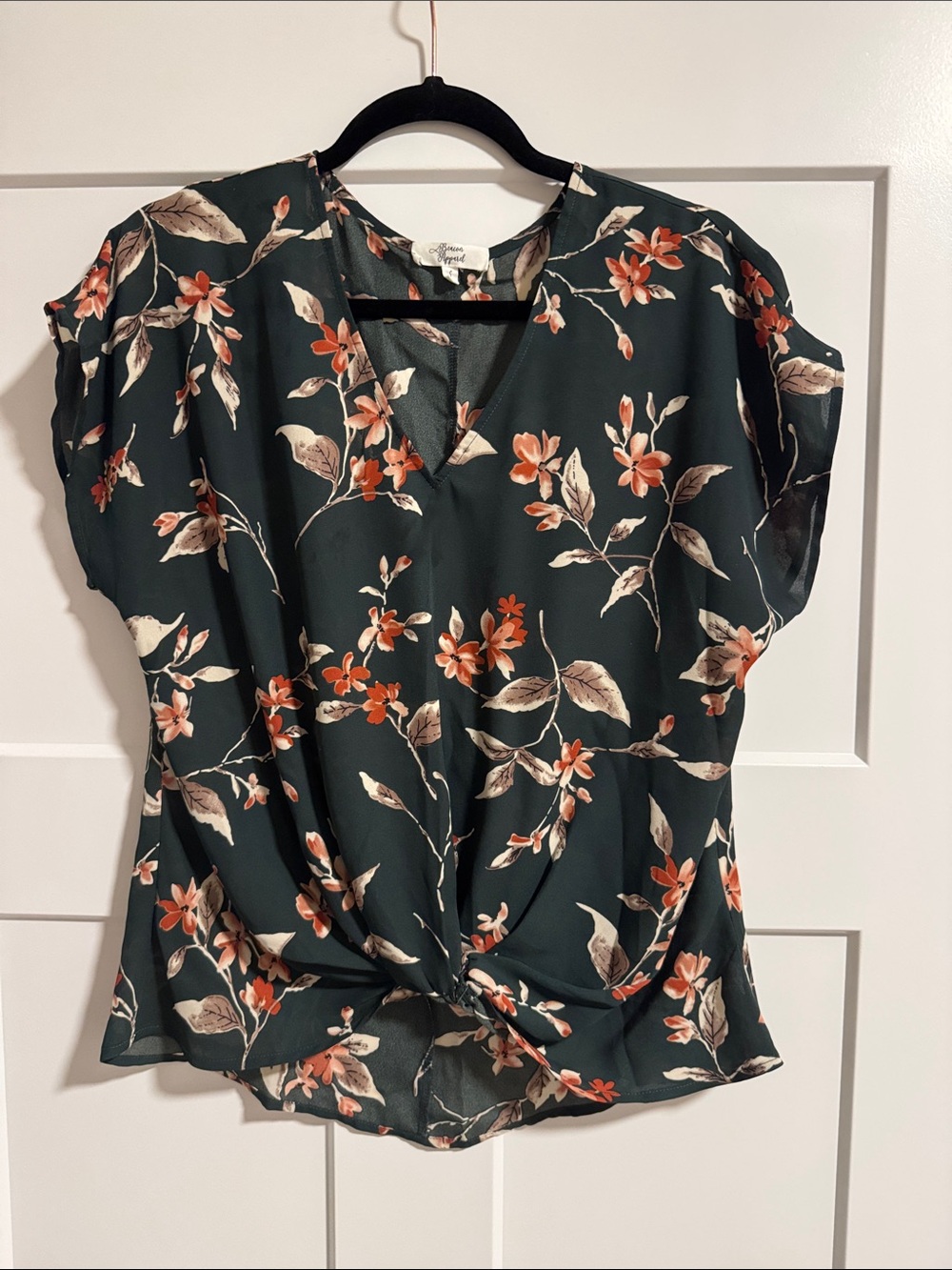 V-Neck Floral Tie-Front Blouse in Dark Green with Coral Blossoms
